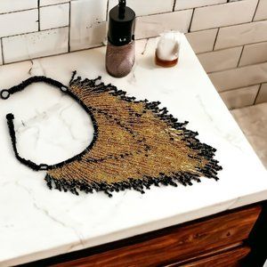 Gold Black Glass Beaded Necklace 15" V Design Extends 6.5" Women Formal Gift